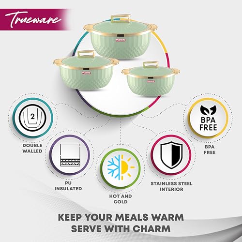 Trueware Krystal Inner Steel Casserole Set of 3, 750 ml,1000 ml & 1500 ml | PU Insulated | BPA Free | Odour Proof |Ideal for Chapatti | Roti | Curd Maker | Thermoware | Hot Pot (Extra large, Green) - Image 3