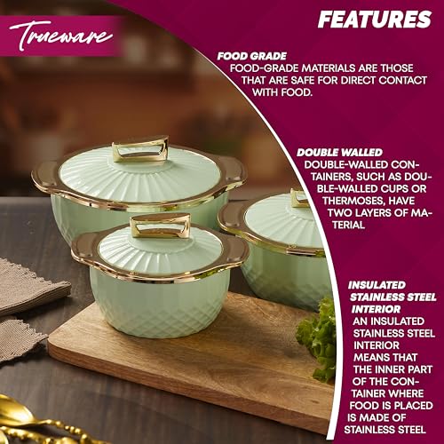 Trueware Krystal Inner Steel Casserole Set of 3, 750 ml,1000 ml & 1500 ml | PU Insulated | BPA Free | Odour Proof |Ideal for Chapatti | Roti | Curd Maker | Thermoware | Hot Pot (Extra large, Green) - Image 5