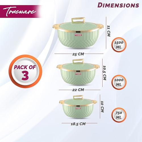 Trueware Krystal Inner Steel Casserole Set of 3, 750 ml,1000 ml & 1500 ml | PU Insulated | BPA Free | Odour Proof |Ideal for Chapatti | Roti | Curd Maker | Thermoware | Hot Pot (Extra large, Green) - Image 2