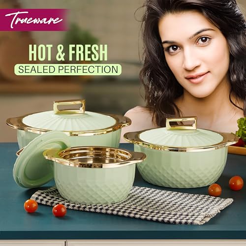 Trueware Krystal Inner Steel Casserole Set of 3, 750 ml,1000 ml & 1500 ml | PU Insulated | BPA Free | Odour Proof |Ideal for Chapatti | Roti | Curd Maker | Thermoware | Hot Pot (Extra large, Green) - Image 4