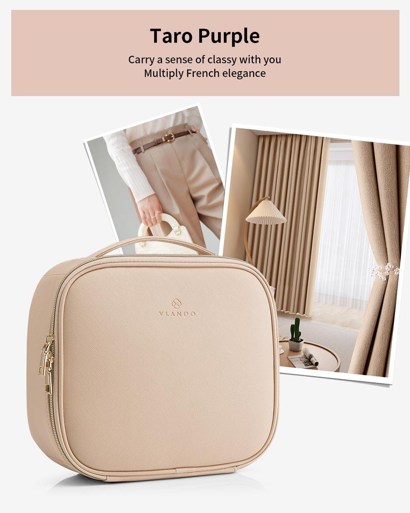 Vlando Travel Makeup Bag, Large Capacity Cosmetic Bag for Women PU Leather Makeup Case Organizer Portable Make up Bag with Dividers and Handle for Girls,Wedding,Makeup Brushes Milk Tea - Image 3