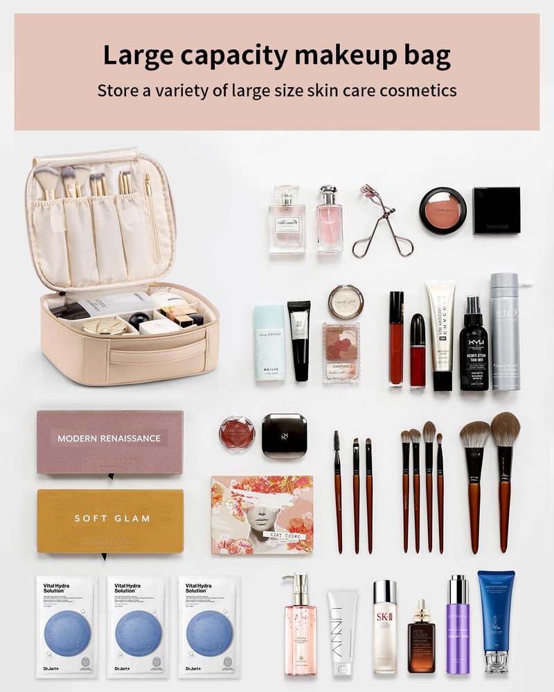 Vlando Travel Makeup Bag, Large Capacity Cosmetic Bag for Women PU Leather Makeup Case Organizer Portable Make up Bag with Dividers and Handle for Girls,Wedding,Makeup Brushes Milk Tea - Image 5