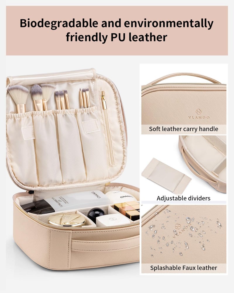 Vlando Travel Makeup Bag, Large Capacity Cosmetic Bag for Women PU Leather Makeup Case Organizer Portable Make up Bag with Dividers and Handle for Girls,Wedding,Makeup Brushes Milk Tea - Image 2