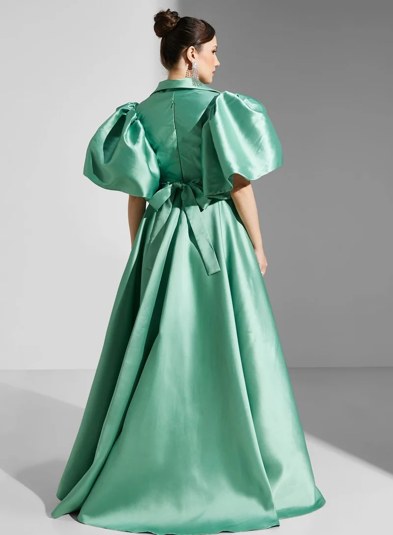 Yaser albik Satin Puffed-Sleeve Dress