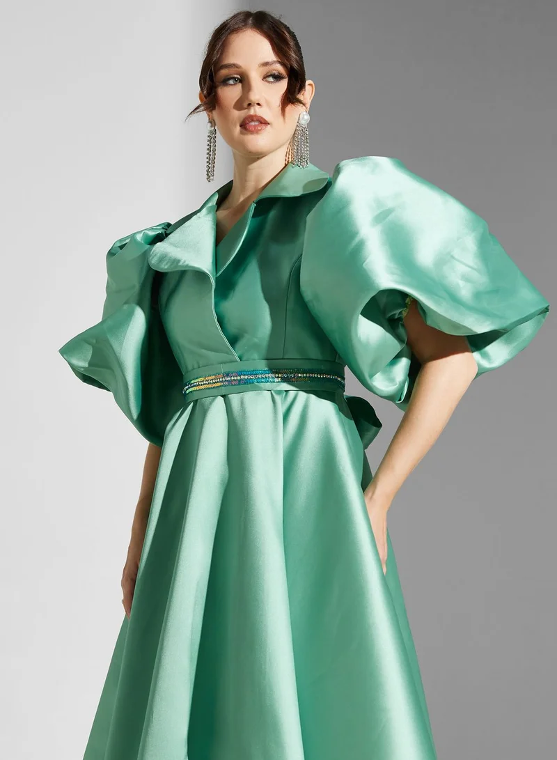 Yaser albik Satin Puffed-Sleeve Dress