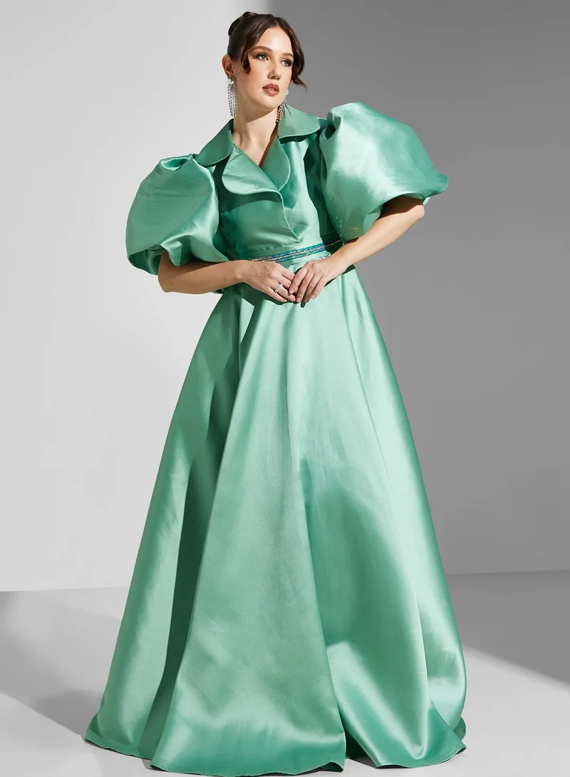 Yaser albik Satin Puffed-Sleeve Dress