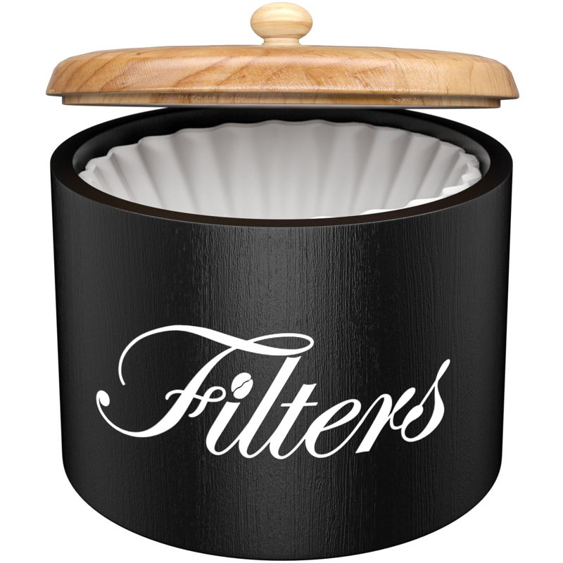 CORTNK Wooden Coffee Filter Holder with Lid - Round Storage Container for Counter - Rustic Farmhouse Coffee Bar Accessories (Black) - Image 1