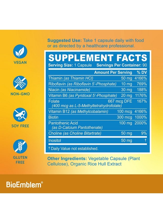 BioEmblem Vitamin B-Complex - All 8 Active Forms with Methyl Folate, Methyl B12, B6, Biotin Plus Choline Inositol, Supports Energy, Metabolism, Brain, Heart Health - B Vitamin Supplement 90 Capsules - Image 5