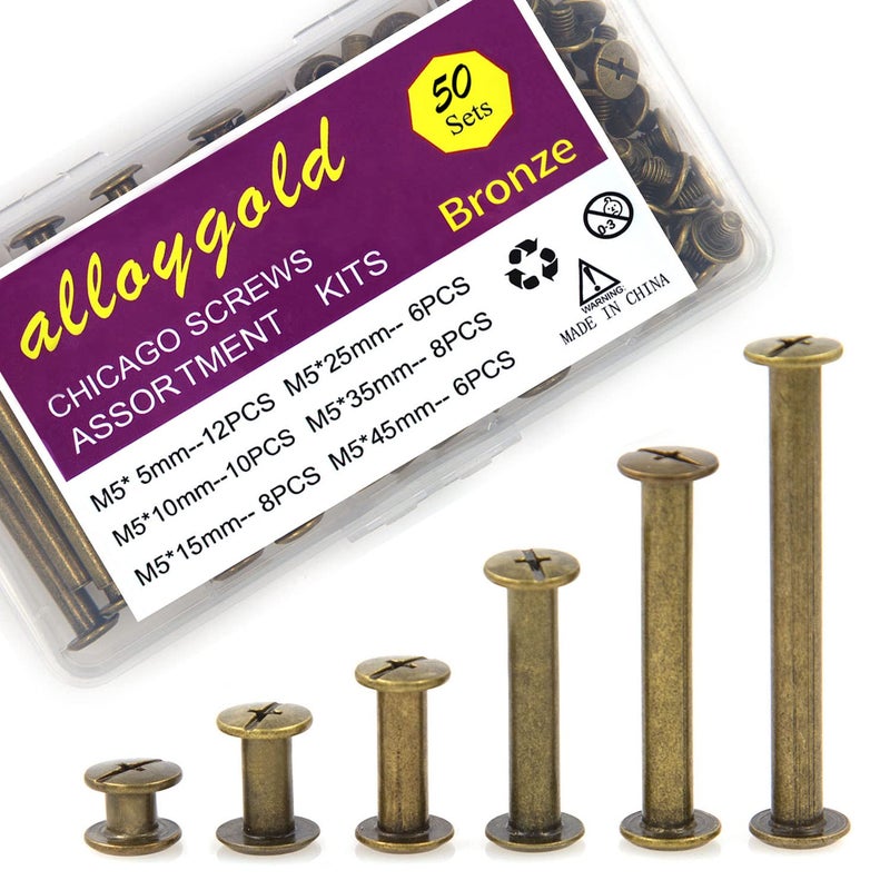 ALLOYGOLD 100 Pcs (50 Pair) Bronze Phillips Chicago Binding Screws Assorted Kits,6 Sizes of Flat Head Rivet Hollow Binding Screws Posts, for Leather Saddles Purses Belt Repair（M5 x 5/10/15/25/35/45） - Image 1