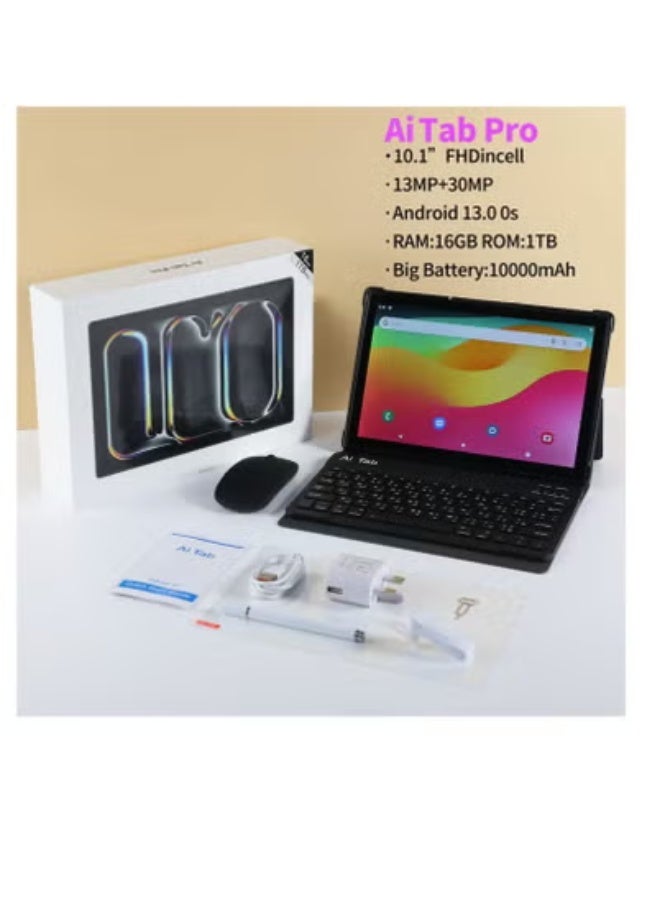 AirTab 10.1-Inch Pro Android 13 Tablet with Arabic Keyboard | 16GB RAM + 1TB ROM | Full HD Display | Dual SIM 4G LTE + Wi-Fi | Quad Core Processor | Silver Tablet PC with Keyboard, Mouse, Stylus & Accessories | Perfect for Study, Office & Entertainment - Image 1
