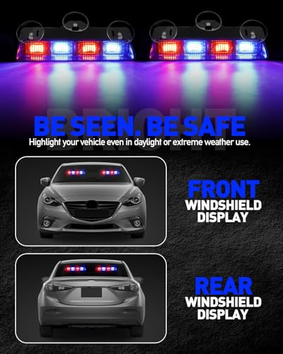 HLauto 2002L Emergency Dash Strobe Lights: Red Blue Safety Lights, Flashing Warning Hazard Windshield Visor Traffic Light Bars for Trucks, Construction Vehicles (2x8.5 inch, 48LED) - Image 3