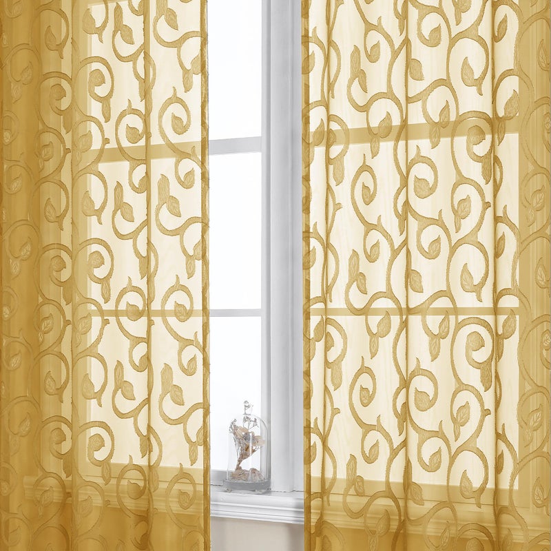 OWENIE Furman Gold Sheer Curtains 63 inch Length for Bedroom Living Room 2 Panels Set, Jacquard Clip Textured Semi Sheer Curtains, Light Filtering Rod Pocket Farmhouse Window Treatments, 40Wx63L inch - Image 1