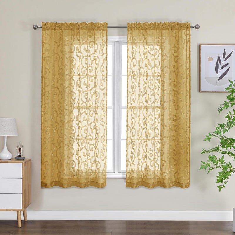 OWENIE Furman Gold Sheer Curtains 63 inch Length for Bedroom Living Room 2 Panels Set, Jacquard Clip Textured Semi Sheer Curtains, Light Filtering Rod Pocket Farmhouse Window Treatments, 40Wx63L inch - Image 2