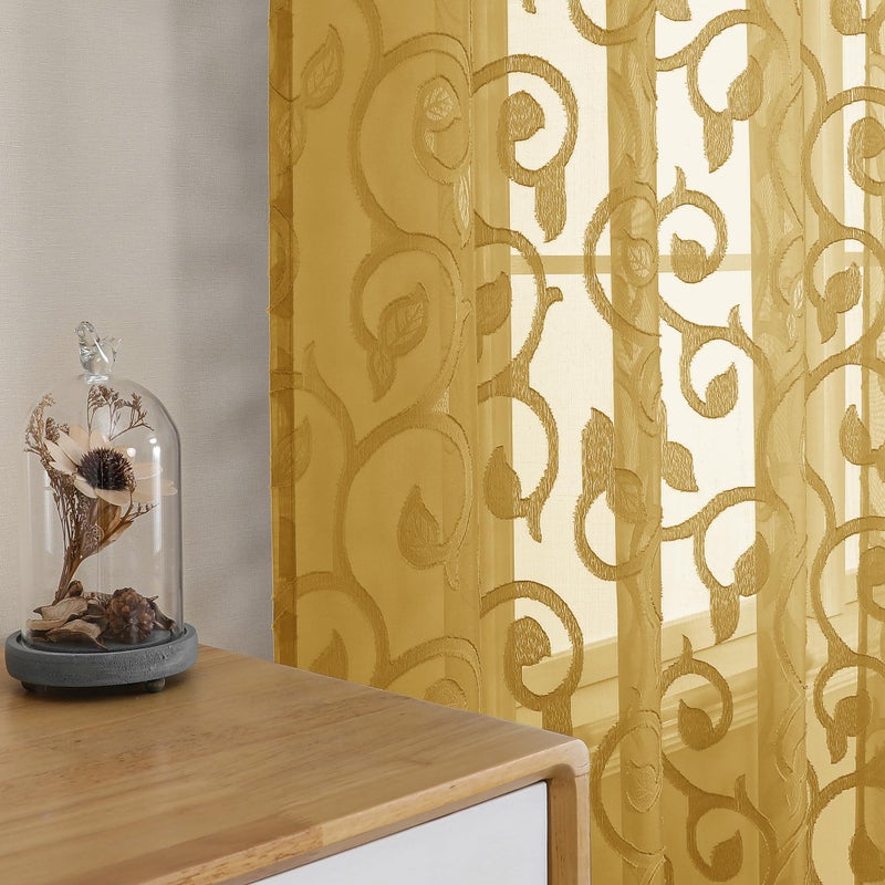 OWENIE Furman Gold Sheer Curtains 63 inch Length for Bedroom Living Room 2 Panels Set, Jacquard Clip Textured Semi Sheer Curtains, Light Filtering Rod Pocket Farmhouse Window Treatments, 40Wx63L inch - Image 5