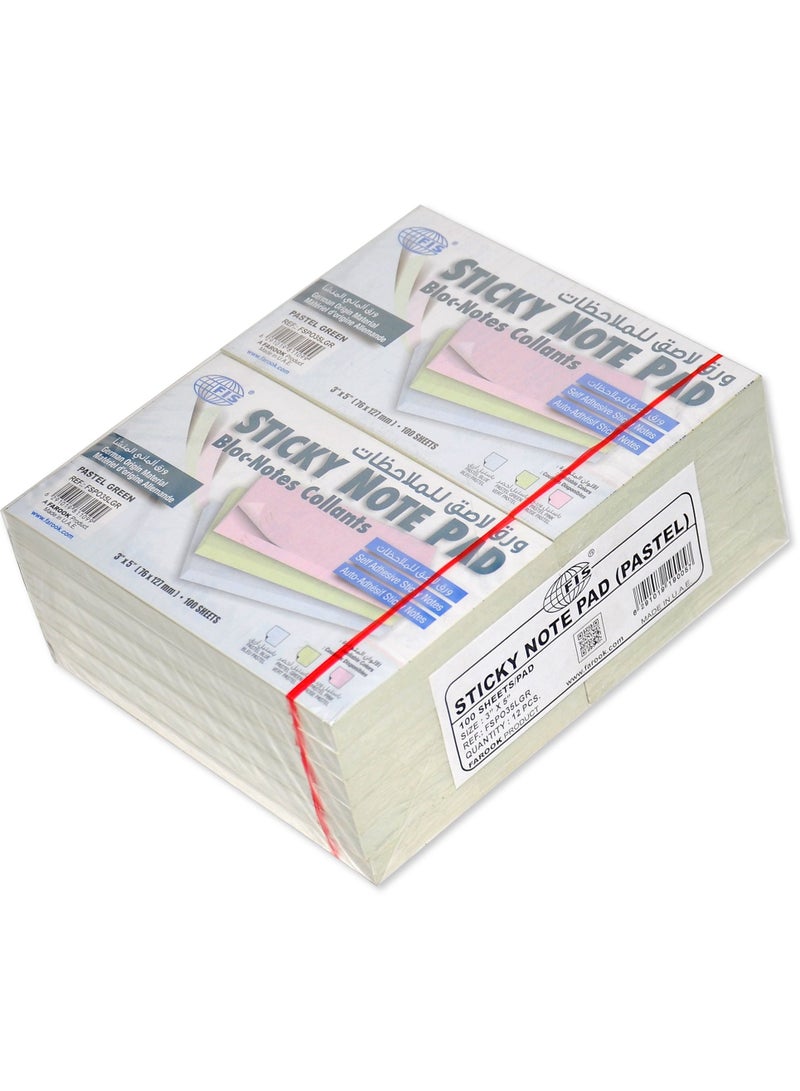 FISSticky Note Pad, 3X5 inches, Pack of 12, Pastel Green 100 Sheets -FSPO35LGR - Image 1