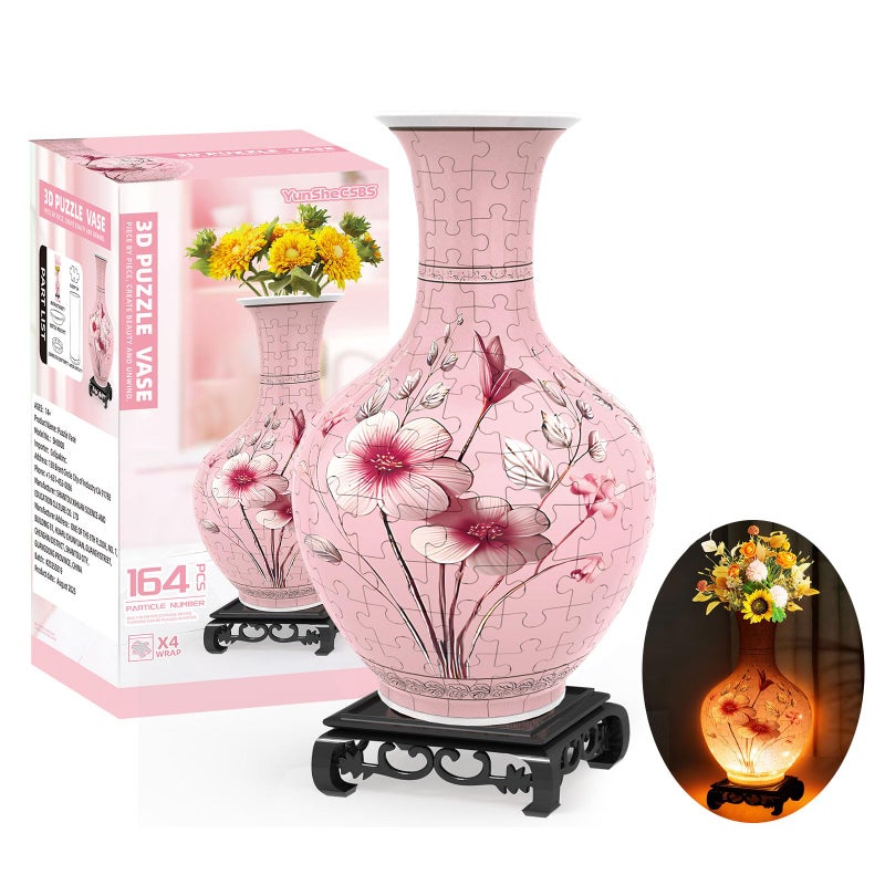 YunSheCSBS 3D Puzzles Vase for Adults Crafts for Adults 164 Pieces Plastic DIY Unique Flower Vase with LED Light House Warming Gift Birthday Gifts for Flower Arrangements and Home Decor Pink - Image 3
