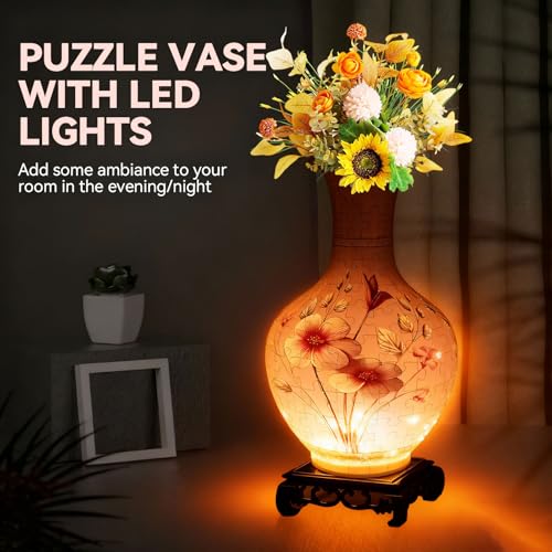 YunSheCSBS 3D Puzzles Vase for Adults Crafts for Adults 164 Pieces Plastic DIY Unique Flower Vase with LED Light House Warming Gift Birthday Gifts for Flower Arrangements and Home Decor Pink - Image 5