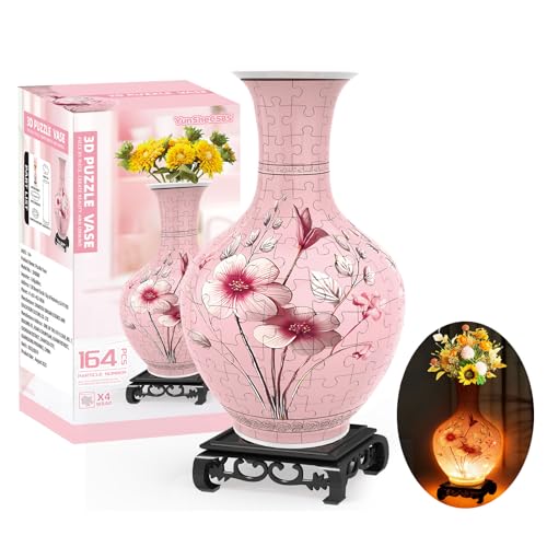 YunSheCSBS 3D Puzzles Vase for Adults Crafts for Adults 164 Pieces Plastic DIY Unique Flower Vase with LED Light House Warming Gift Birthday Gifts for Flower Arrangements and Home Decor Pink - Image 1