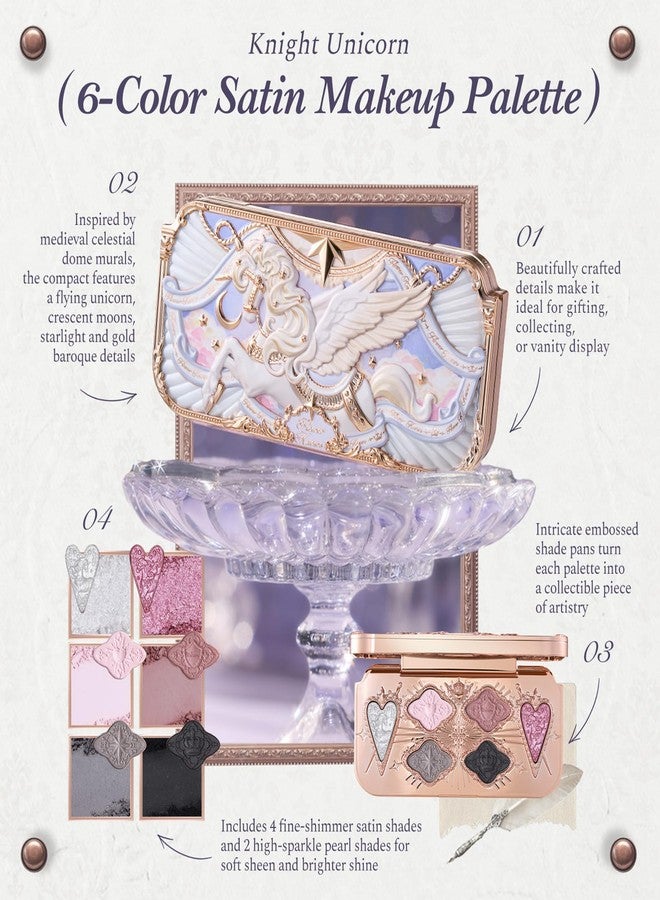 Flower Knows Knight Unicorn Collection 6-Color Satin Makeup Palette, Smoky Pink & Black, Color-Rich Blendable Buttery Powder Formula, Gift-Ready Collectible Compact, Vegan (02 Moon Sprite) - Image 2