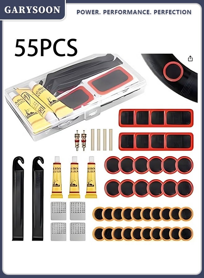 Garysoon Puncture Bike Tire Repair Kit, 55pcs Bicycle Tire Patch Kit with 40 Tire Patches, 4 Metal Rasps, 3 Tire Sealants, 2 Valves, 2 Crowbars, 4 Rubber Tubes, Portable & Quick Fix Tool Set for Road & Mountain Bikes - Image 1