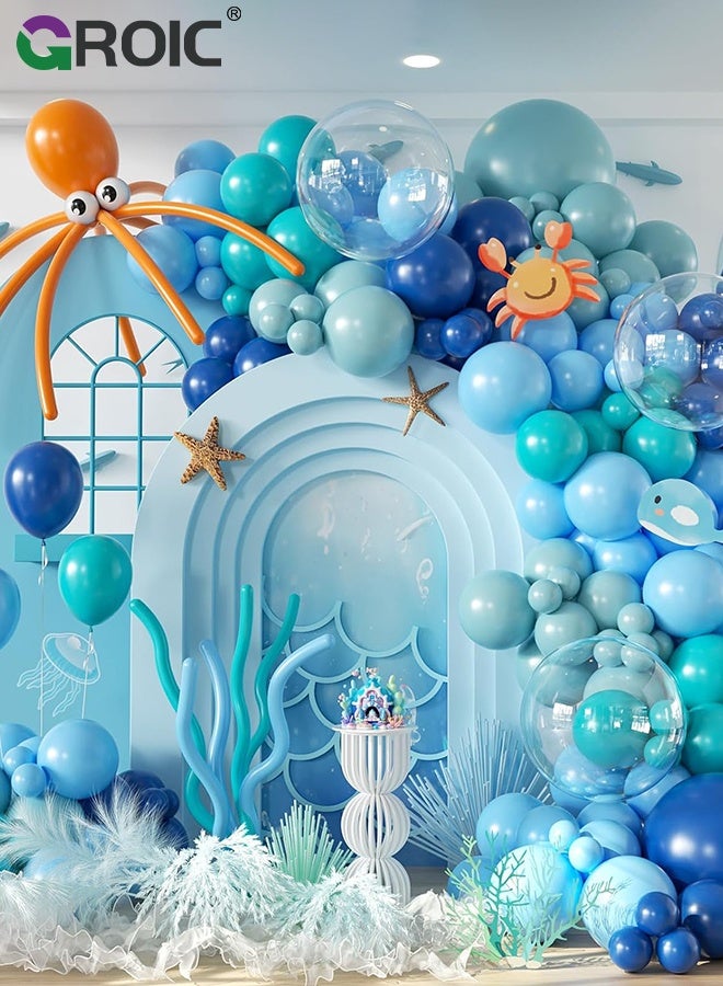 GROIC Blue Balloon Arch Kit - 134PCS Ocean Theme Party Decorations with Blue Teal Dusty Blue Orange Long Balloons for Birthday, Baby Shower, Kids’ Party - Image 1