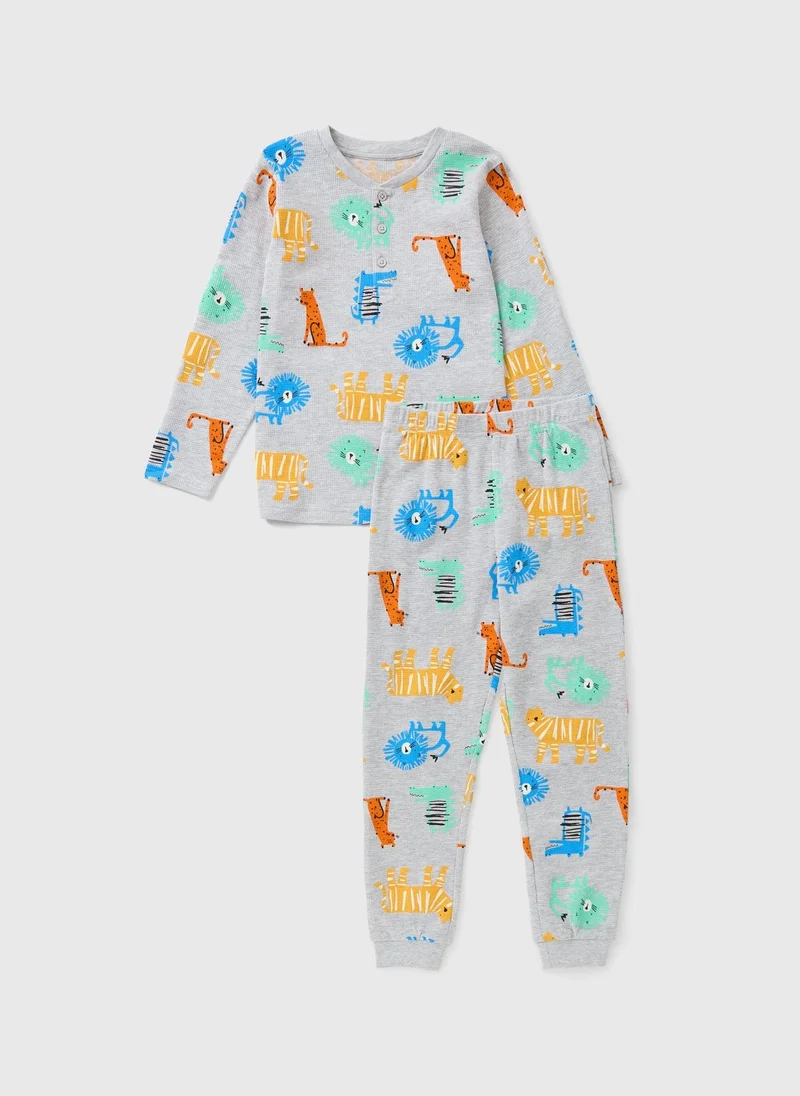 Matalan Boys Grey Animal Waffle Pyjama Set
