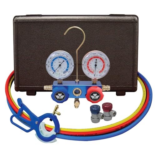 Mastercool 89661PRO Automotive R134a 2Way Manifold Gauge Set with 3in1 Can Tap Valve  US Designed Assembled and Tested  Includes 60 Hoses and Manual Couplers