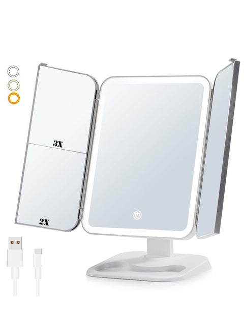 Makeup Mirror Vanity with Lights – 68 LED Trifold Mirror, 3 Color Lighting Modes, 1x/2x/3x Magnification, Touch Control Design, Portable High Definition Lighted Cosmetic Mirror, Perfect for Home & Travel (White)