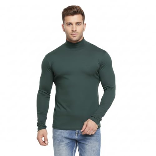 CHKOKKO Men’s Full Sleeve Cotton High Neck T Shirt | Stylish Regular Fit Winter Wear | Soft Stretchy Fabric Casual Layering Outfit | Trendy Solid Tshirt for Men BOTTLEGREEN S - Image 1