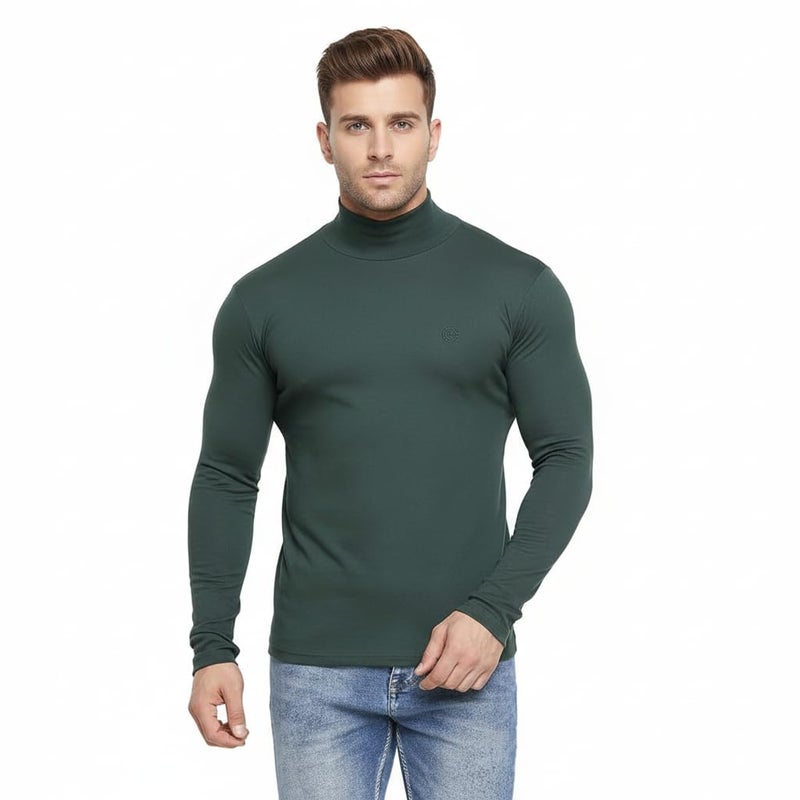 CHKOKKO Men’s Full Sleeve Cotton High Neck T Shirt | Stylish Regular Fit Winter Wear | Soft Stretchy Fabric Casual Layering Outfit | Trendy Solid Tshirt for Men BOTTLEGREEN S - Image 3