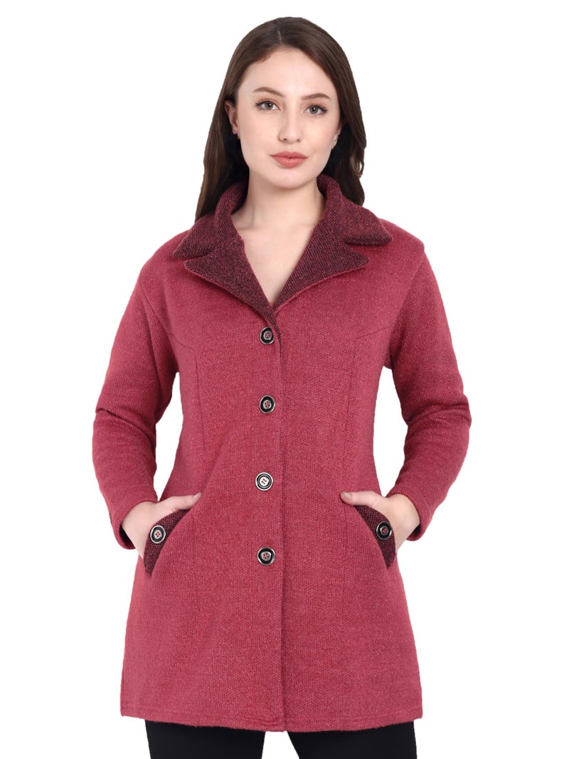 Matelco Womens Woollen Collared Coat Cardigan (IN, Alpha, L, Regular, Cherry Pink) - Image 1