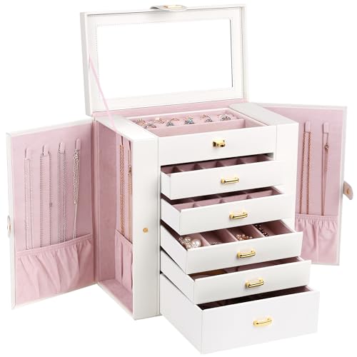 Kendal Extra Large Jewelry Box Jewelry Case PU Leather 6 Tier 5 Drawers Large Storage Capacity with Mirror Jewelry Storage Organizer Great Gift Also Good For Watches LJCSHD5CMWhite