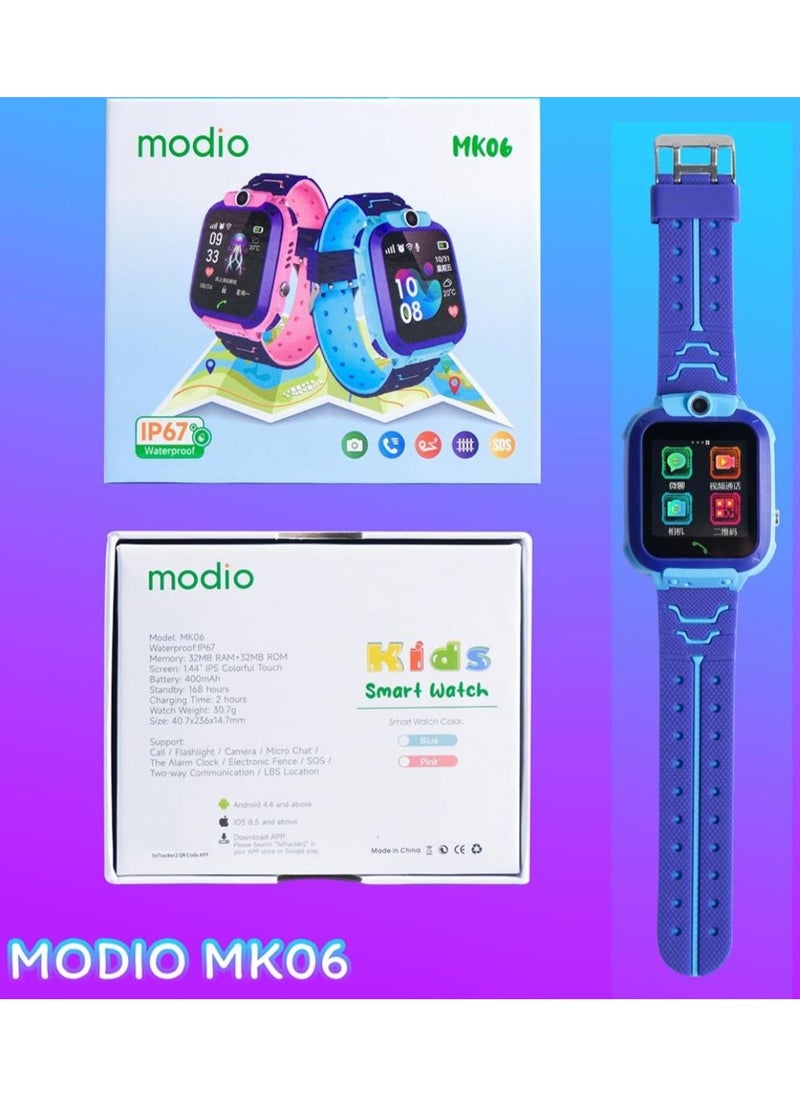 modio - MK06 Blue Smart Watch with Sim Slot, Camera, and Real-Time Tracker for Kids - Image 1