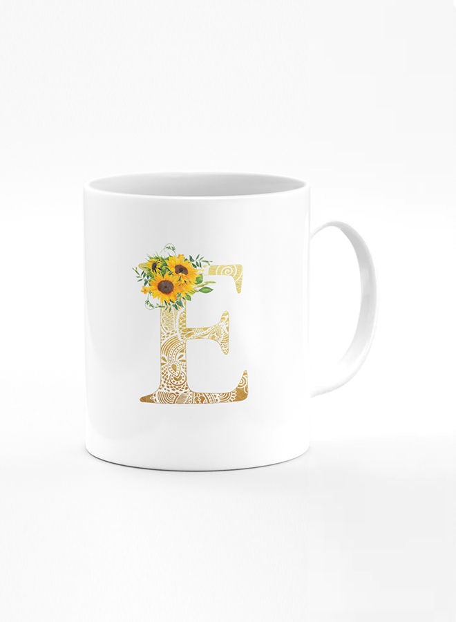 Stylizedd Designer Printed Coffee Mug 11oz Ceramic Personalised Gift Mugs Cup Custom Monogram Initial Letter Floral Pattern Alphabet E (White) - Image 1