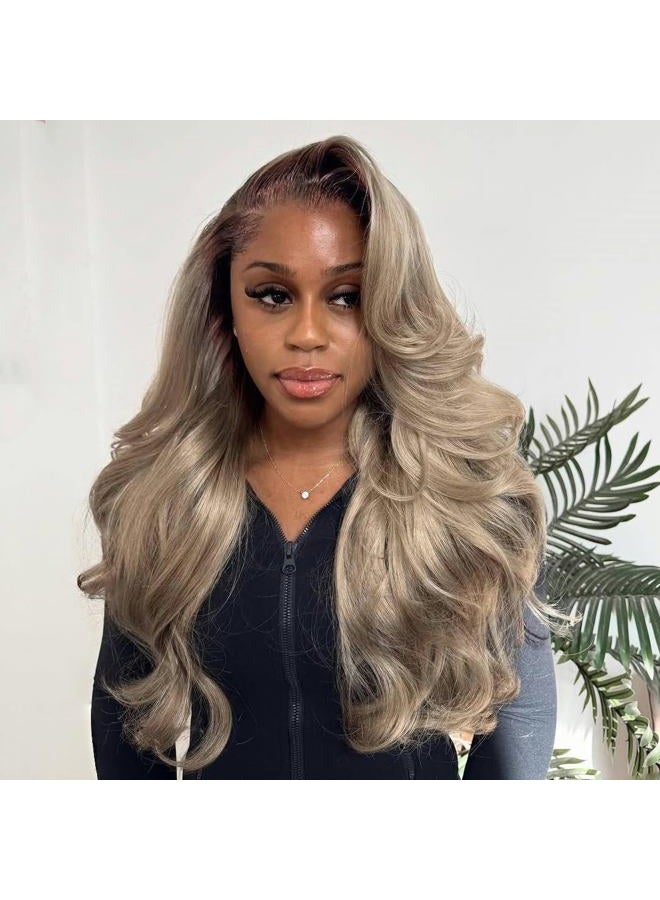 Ulaphence Ombre Light Ash Blonde Lace Front Wig Human Hair 210% Density Milk Tea Blonde Hair with Natural Growth Brown Roots 13x4 HD Body Wave Wig Pre Plucked Multi-Color Wigs for Any Occasion 26 Inch - Image 4