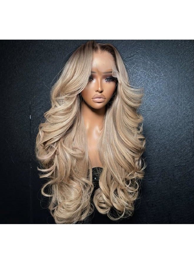 Ulaphence Ombre Light Ash Blonde Lace Front Wig Human Hair 210% Density Milk Tea Blonde Hair with Natural Growth Brown Roots 13x4 HD Body Wave Wig Pre Plucked Multi-Color Wigs for Any Occasion 26 Inch - Image 1
