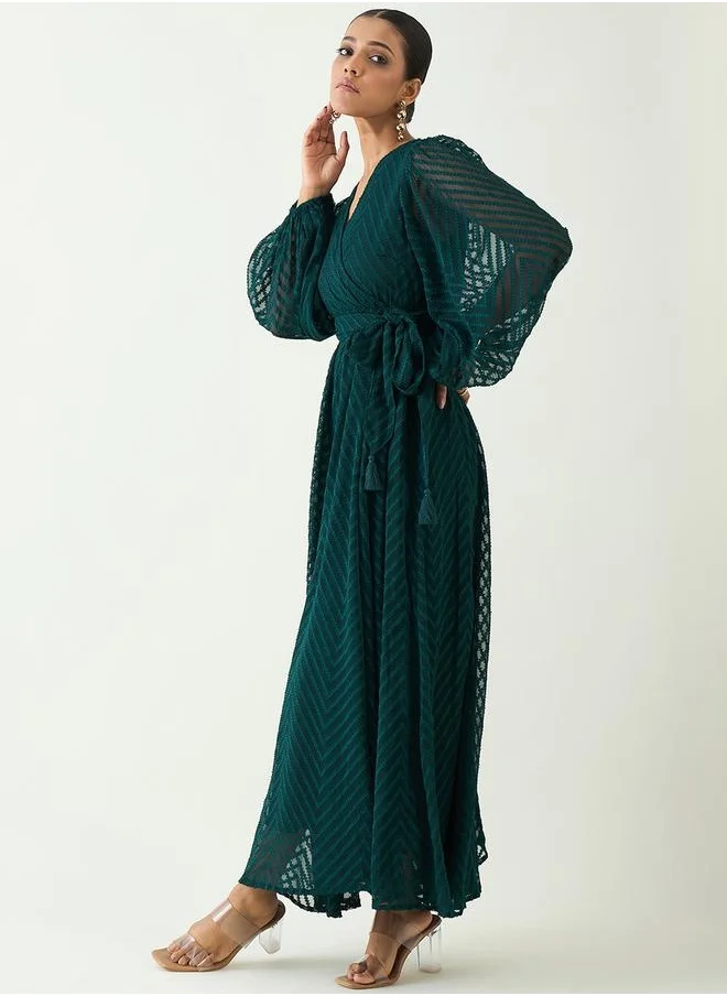 فيميلا Chevron Dobby Wrap Maxi Dress with Waist Tie Detail