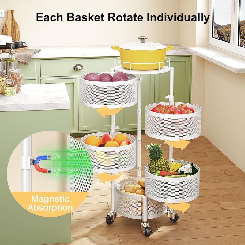 SNTD Fruit and Vegetable Basket Bowls for Kitchen with Metal Top Lid 5 Tier Rotating Storage Rack Cart for Potato Onion Banana Wire Basket Organizer on Wheels Large White - Image 3
