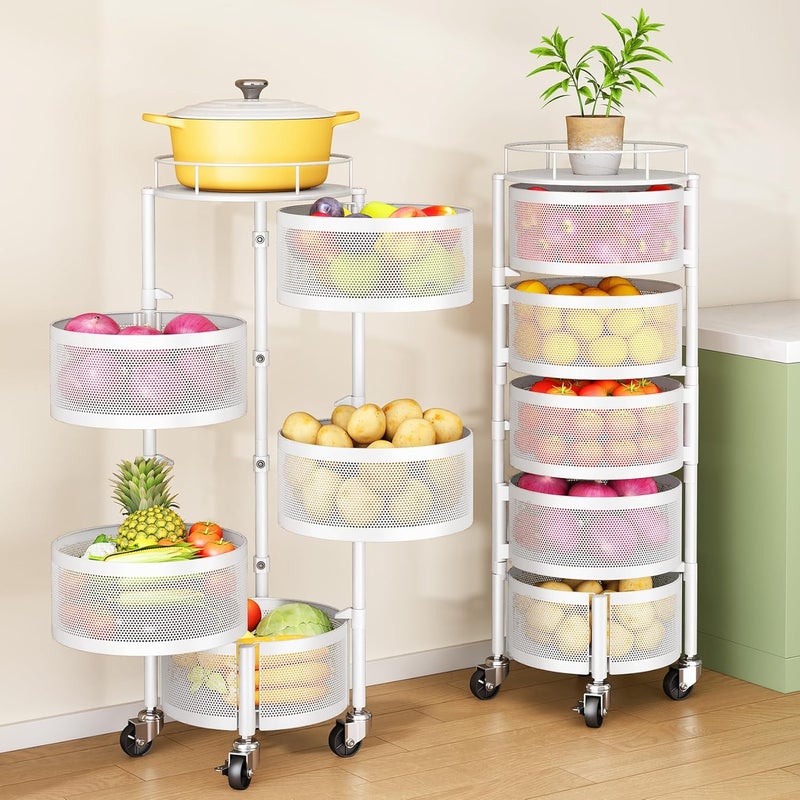 SNTD Fruit and Vegetable Basket Bowls for Kitchen with Metal Top Lid 5 Tier Rotating Storage Rack Cart for Potato Onion Banana Wire Basket Organizer on Wheels Large White - Image 1
