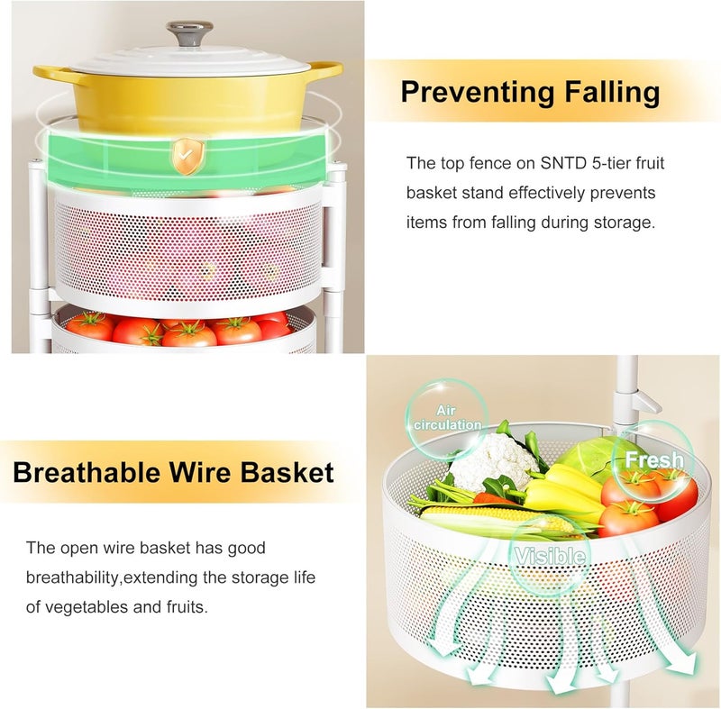 SNTD Fruit and Vegetable Basket Bowls for Kitchen with Metal Top Lid 5 Tier Rotating Storage Rack Cart for Potato Onion Banana Wire Basket Organizer on Wheels Large White - Image 4