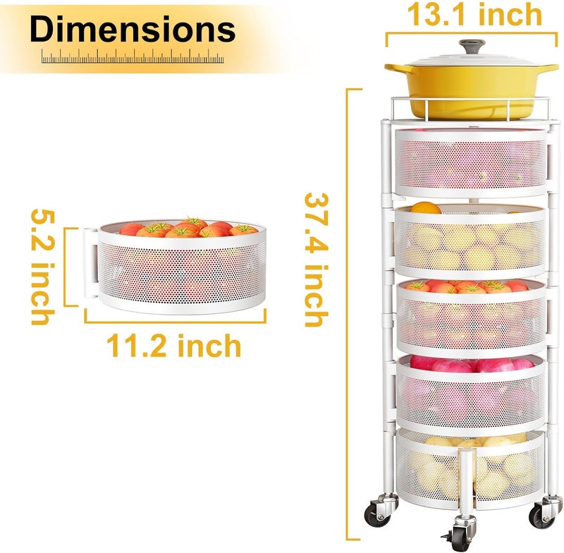 SNTD Fruit and Vegetable Basket Bowls for Kitchen with Metal Top Lid 5 Tier Rotating Storage Rack Cart for Potato Onion Banana Wire Basket Organizer on Wheels Large White - Image 2