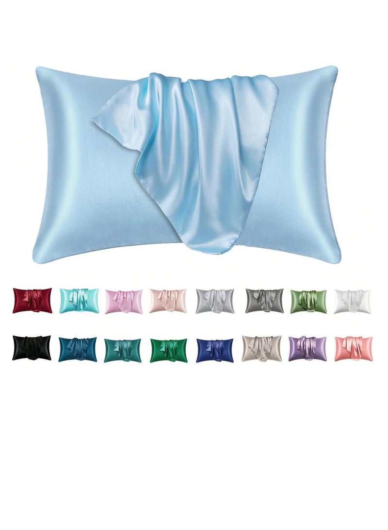Bukela Set of 2 Standard Size Satin Pillowcases, Light Blue Pillowcase for Hair and Skin, Soft Breathable Silky Pillow Cases for Sleeping Bed Pillow Cover with Envelope Closure, 20x26 Inches  - Image 1