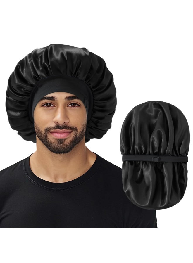 Selalu Bonnet for Men Double Layer Hair Bonnet for Sleeping Adjustable Sleep Bonnet with Elastic Band Silk Satin Bonnets for Curly Hair Braids1PcsBlack - Image 2