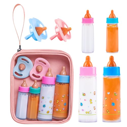 SCOM Baby Doll Bottle Accessories 6 Pcs Feeding Bottle Toys Magic Disappearing Milk Juice Pretend Play Set with Pacifiers Kids Gift Light Pink - Image 1