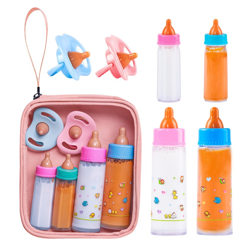 SCOM Baby Doll Bottle Accessories 6 Pcs Feeding Bottle Toys Magic Disappearing Milk Juice Pretend Play Set with Pacifiers Kids Gift Light Pink - Image 3