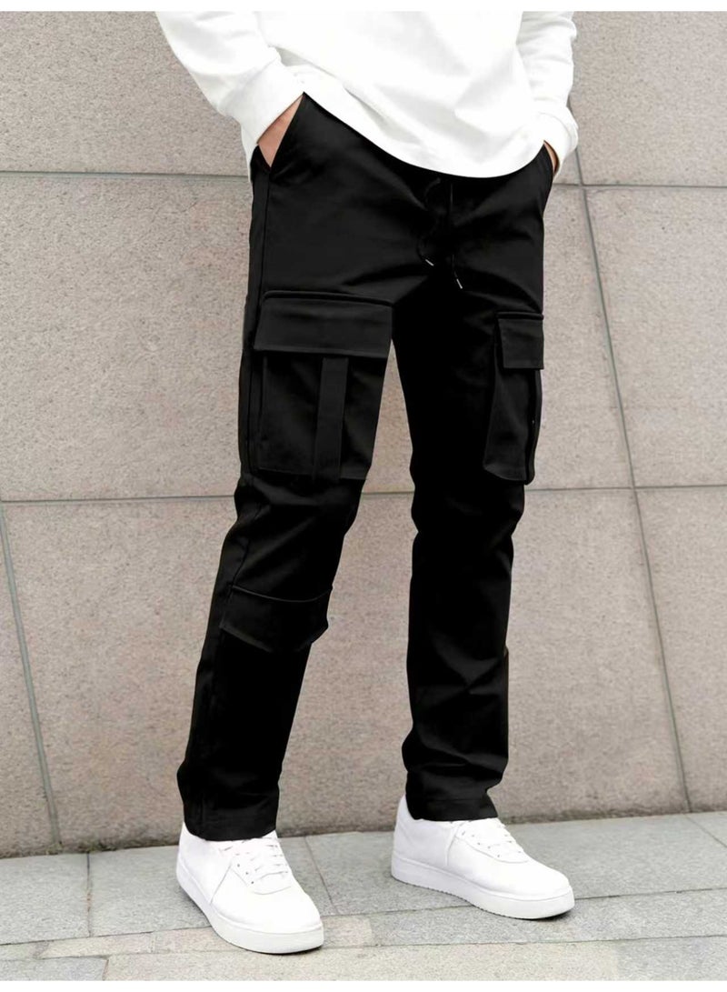 بنطلون رجالي أسود كارغو متعدد الجيوب، ساق مستقيمة، برباط، بنطلون كاجوال - Image 2