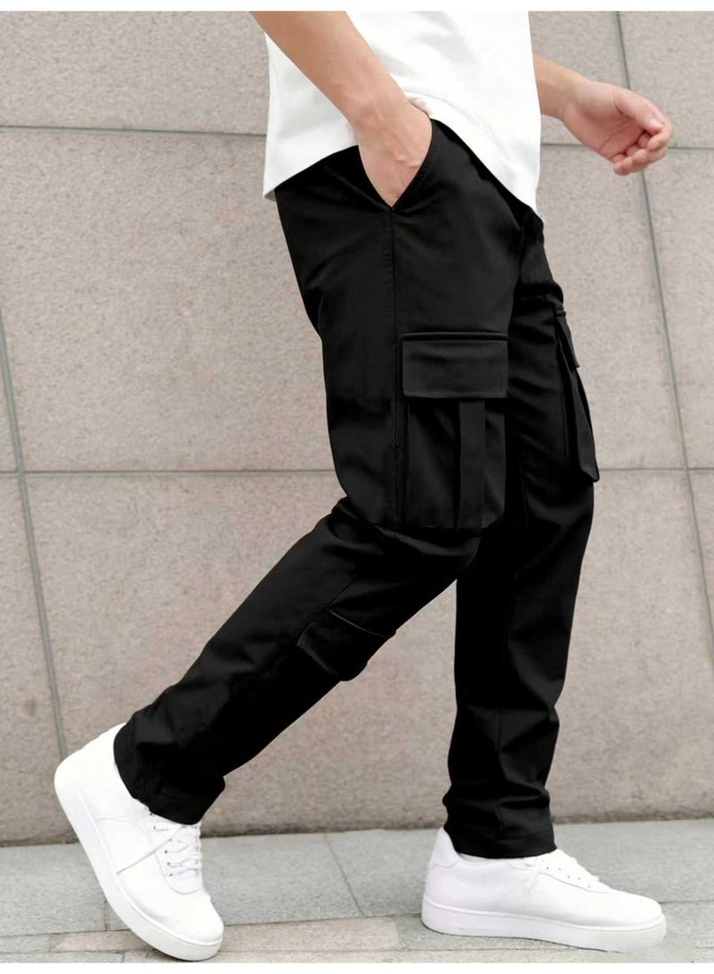 بنطلون رجالي أسود كارغو متعدد الجيوب، ساق مستقيمة، برباط، بنطلون كاجوال - Image 3