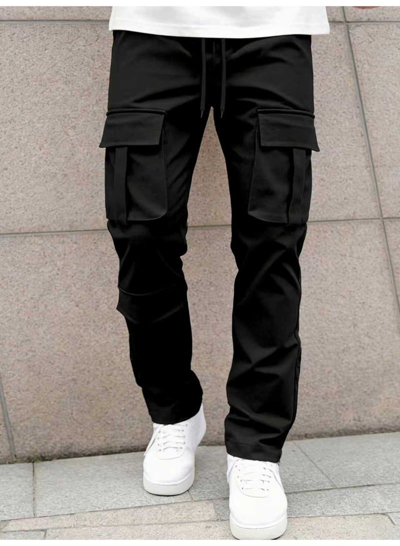 بنطلون رجالي أسود كارغو متعدد الجيوب، ساق مستقيمة، برباط، بنطلون كاجوال - Image 1
