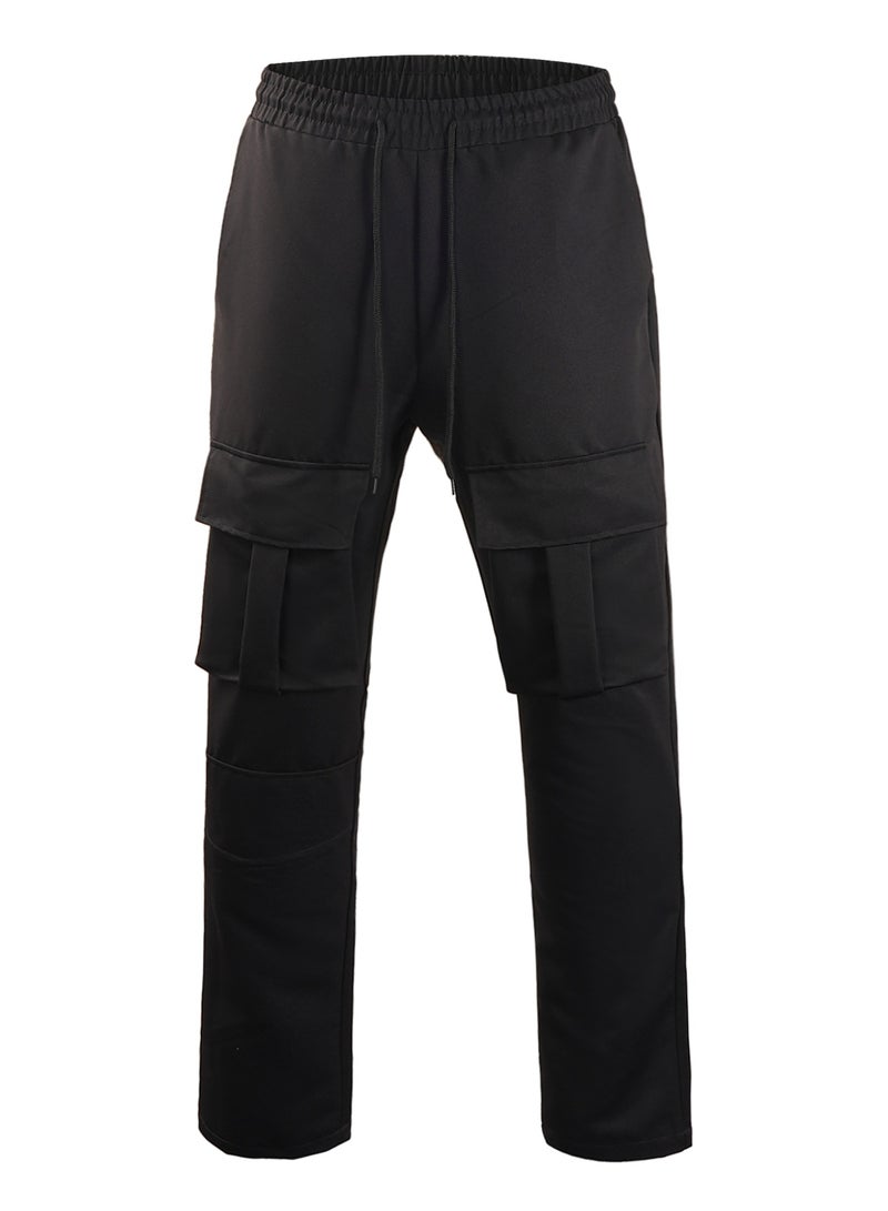 بنطلون رجالي أسود كارغو متعدد الجيوب، ساق مستقيمة، برباط، بنطلون كاجوال - Image 4