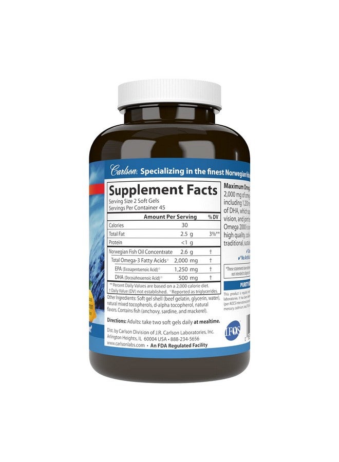 كارلسون - أقصى تركيز من أوميغا 2000، 2000 ملغ من أوميغا 3، لدعم صحة القلب ووظائف الدماغ والرؤية، بنكهة الليمون، 90 كبسولة هلامية ناعمة - Image 2